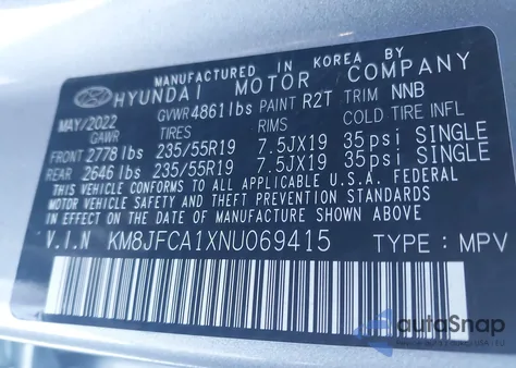 2022 Hyundai Tucson Hybrid Sel Convenience z USA, uszkodzony, nr VIN KM8JFCA1XNU069415